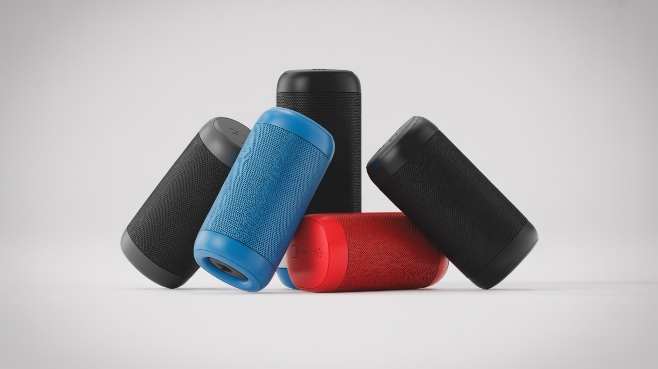 Collection of portable Bluetooth speakers in outdoor setting