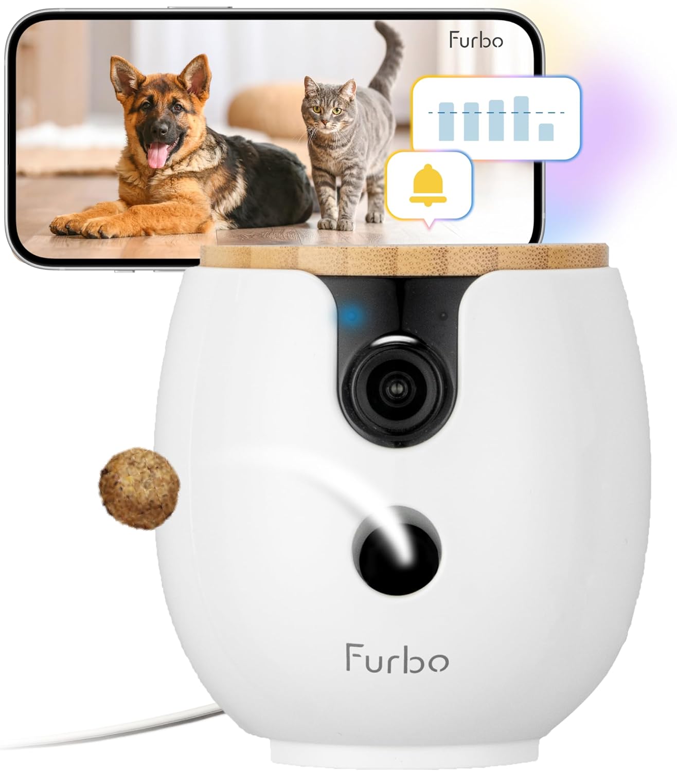 Furbo Mini 360 pet camera with rotating treat dispenser showing dog and cat on smartphone app
