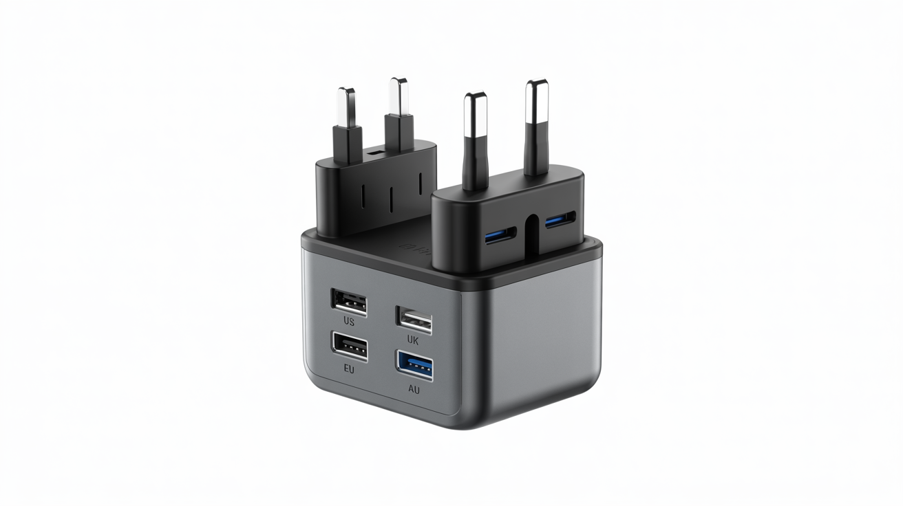 Universal travel adapter with multiple international plug types and USB ports